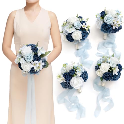 Ling's moment Artificial Bridesmaid Bouquets Set of 4,Navy Blue Wedding Flower Bouquets White Rose Floral Bouquet Bridal Bouquets with Ribbon Ceremony Anniversary,7-inch Diameter - color: Blu-white Blue & Navy