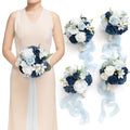 Ling's moment Artificial Bridesmaid Bouquets Set of 4,Navy Blue Wedding Flower Bouquets White Rose Floral Bouquet Bridal Bouquets with Ribbon Ceremony Anniversary,7-inch Diameter - color: Blu-white Blue & Navy