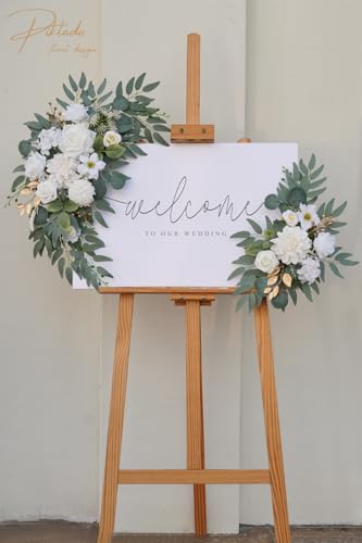Faux Flower Swag Set of 2 for Wedding Welcome Signs Floral Swag Wedding Reception Ceremony Signs Decor (A-White) - color: A-white
