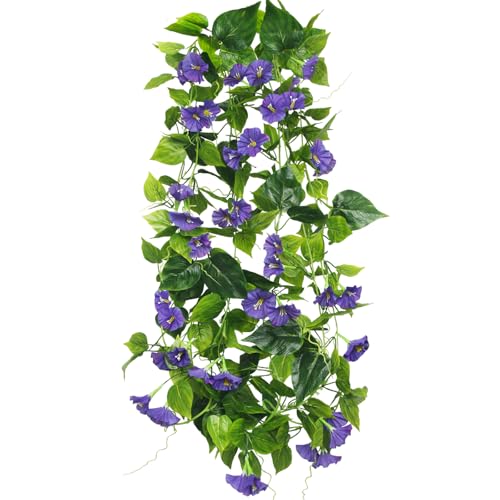 CISDUEO 2 Pcs Artificial Vines Silk Morning Glory Vines for Outdoor 15Feet Purple Hanging Plants Garland Fake Green Plant Morning Glories for Home Decor Wall Fence Stairway Wedding Hanging Baskets - color: Purple 2