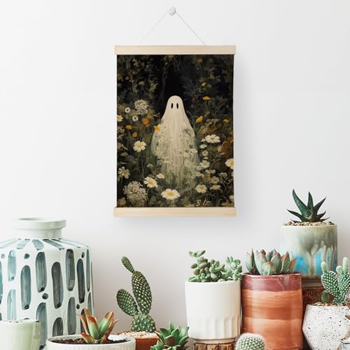 Nrleey Halloween Bathroom Poster Hanger Frame, Ghosts Floral Wall Art with Wooden Poster Hanger, Horror Spooky Wall Hanging Decor, 12x16 Inches - color: Ghost-01
