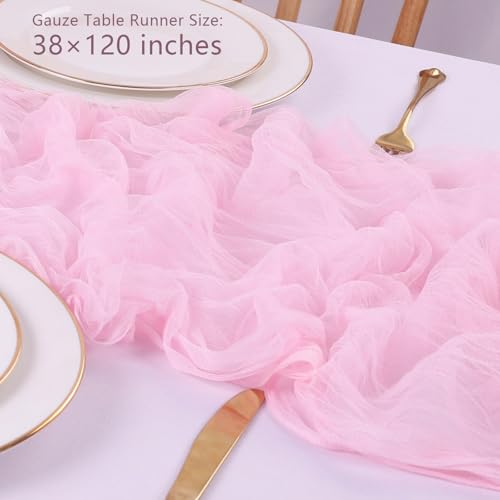 Pink Gauze Table Runner 10ft Rustic Cheese Cloth Table Runner Boho Style Decorations for Romantic Date Wedding Party Baby Shower Photography Decoration - color: Pink, size: 10 ft × 1 pc
