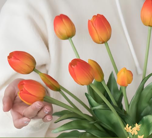 15 Pcs Orange Tulips Artificial Flowers Faux Tulips Real Touch Latex Fake Flower Bouquet for Spring Wedding Home Décor Centerpiece Arrangements - color: Orange
