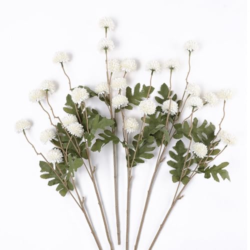 mizii 6Pcs White Fake Silk Pompon Mum Artificial Flowers Bulk Small Faux Chrysanthemums with Stems Realistic Floral Decorations for Wedding DIY Bouquet Centerpieces Shower Vase Home Decor (White) - color: White