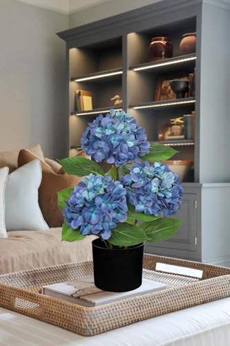 Hollyone Blue Hydrangea Artificial Flowers in Pot Large Silk Three-Head Hydrangeas Flowers Fake Flowers Arrangements for Indoor Home Office Kitchen Table Centerpieces Wedding Decorations - color: Blue, size: 3 Head Hydrangea