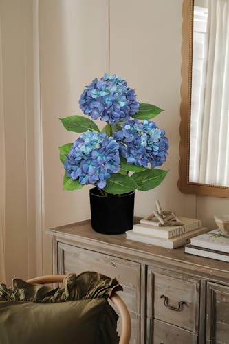 Hollyone Blue Hydrangea Artificial Flowers in Pot Large Silk Three-Head Hydrangeas Flowers Fake Flowers Arrangements for Indoor Home Office Kitchen Table Centerpieces Wedding Decorations - color: Blue, size: 3 Head Hydrangea