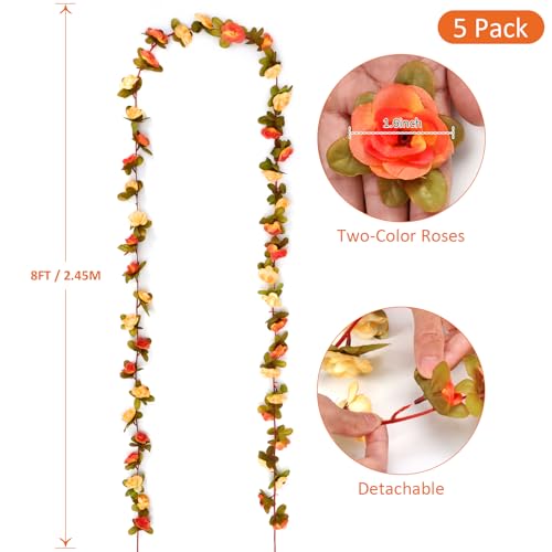 KHOYIME 5 Pack 40 FT Artificial Flower Garland, Fake Orange Roses Vines Silk Flowers Faux Plastic Outdoor Hanging Floral Garland Fall Autumn Decoration for Indoor Table Home Wall Backdrop Room Decor - color: Orange, size: 5pcs