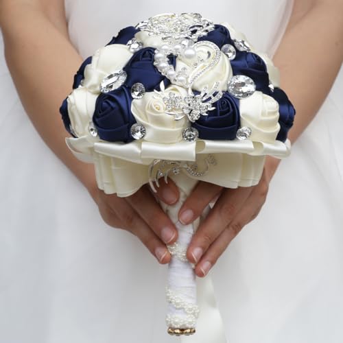 Wedding Bouquets Crystal Satin Rose Bride Bridal Bouquet Romantic Bridesmaid Holding Flower for Valentine's Day Confession Party Church Decor (Navy Creamy) - color: Navy Creamy