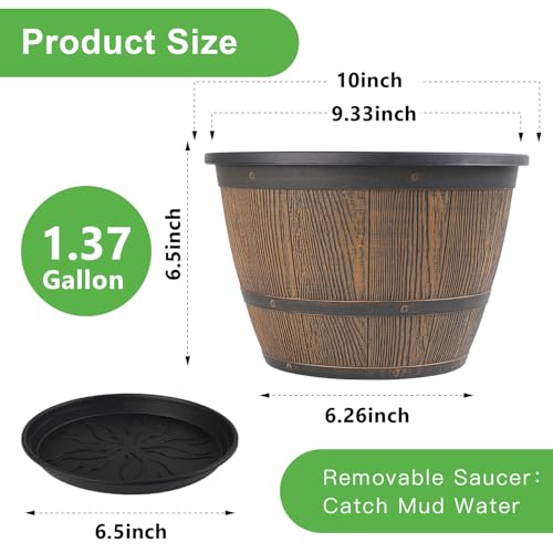 10-inch-Plant-Pots-Indoor-Outdoor, 4 Pack Whiskey Barrel Planters with Drainage Holes & Saucer, Plastic Flower Pots Imitation Wine Barrel Design, Decorative Garden Pots for Plants - color: Whiskey, size: 10-inch