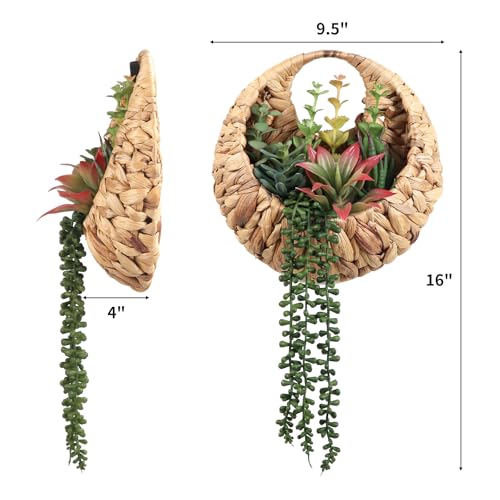 Fake Plants Hanging Artificial Succulents Plants in Woven Basket, Faux String of Pearls Greenery Plants for Living Room Bathroom Boho Wall Decor