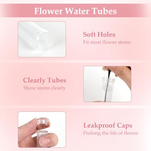 50 Pcs Flower Water Tubes with 50 Pcs Pink Single Rose Sleeve Holder for Bouquets with 72 Ft Ribbon Flower Vials Individual Single Stem Floral Wrapping Bag for Mother's Day Florist Supplies - color: Pink, size: single flower wrap