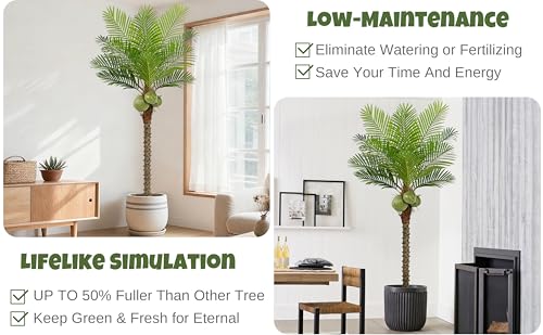 Roselywed Artificial Phoenix Palm Tree 6.5FT with 12 Leaves & 3 Coconut Fruit & Real Bark Tropical Areca Sago Palm Tall Large Faux Plant 78 Inch Black Pot for Indoor Outdoor Home Poolside Mall Decor - size: 6ft 6in