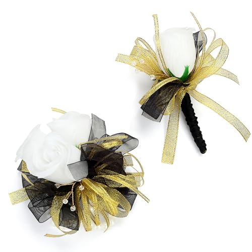 2pcs White Corsage and Boutonniere Set for Prom Decor Silk Corsages Wristlet Boutonniere for Men Corsage Artificial Flowers for Wedding Party Suit Decor - color: White Corsage - Double-cain