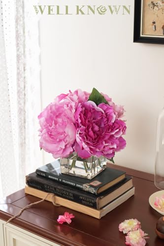 Artificial Peonies Flowers Arrangements in Cube Glass Vase, WELLKNOWN Silk Flower Centerpieces for Dining Room Table, Coffee Table Decor, Faux Peony Flowers with Faux Water (Bicolor Purple) - color: Bicolor Purple