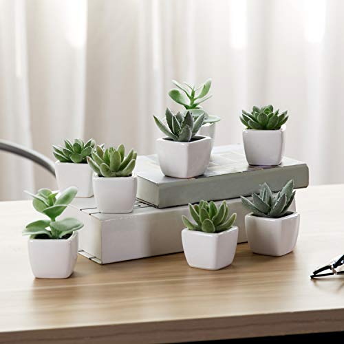 MyGift Set of 4 Mini Assorted Green Decorative Artificial Succulent Plants in Square White Glazed Ceramic Planter Pots - color: Assortment #3