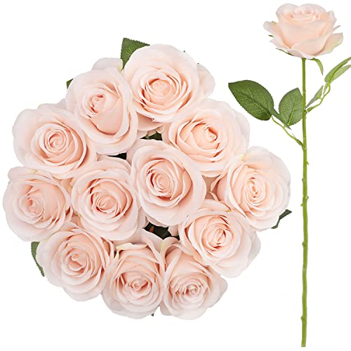 JUSMAI 12pcs Roses Artificial Flowers Pink Fake Roses Flowers with Long Stems Silk Flowers for Wedding Bouquet Centerpices Decorations Party Bridal Baby Shower Home Decor - color: Blush, size: 12PCS