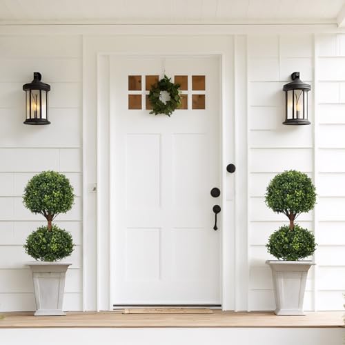 THE BLOOM TIMES 40" Artificial Boxwood Double Ball Topiary Trees, UV Resistant Large Tall Fake Potted Plants for Outdoor Planter, Realistic Faux Bushes Shrubs for Front Porch Outside Decor Set of 2 - color: Boxwood-dark Green, size: 40 inch