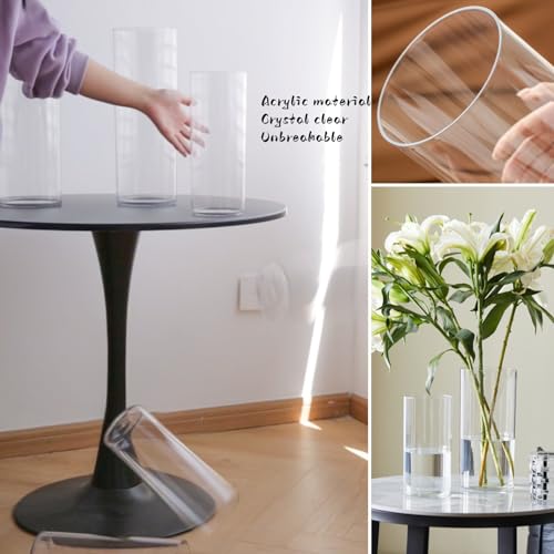 3 Clear Acrylic Cylinder Vase for Centerpieces, Tall Cylinder Plastic Hurricane Vases, Large Unbreakable Flower Vases for Wedding Bouquet (D 4.8" X H 8" + H 10" + H 12" Set of 3 + 2 Holder) - color: 3 Clear - L