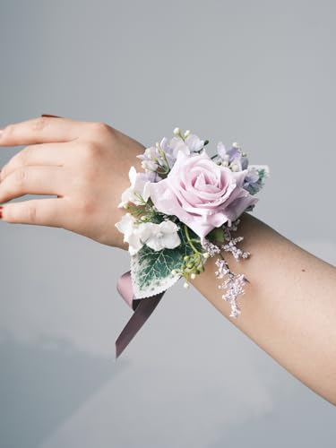 White Rose Wrist Corsage and Boutonniere Set with Ribbon Ties Wedding Prom Formal Accessories (Purple Ribbon) - color: Purple Ribbon