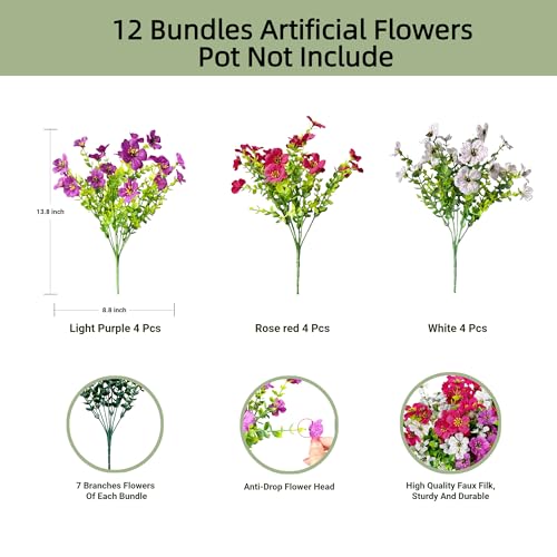 Artificial Flowers for Outdoors UV Resistant, 12 Bundles Realistic Faux Daisy with Eucalyptus Leaves Fake Plants for Porch Patio Planter Garden Decoration (Rose Red White Light Purple) - color: Rose Red White Light Purple
