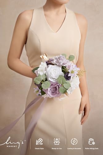 Ling's moment Light Purple Artificial Wedding Flower Bouquets for Bridesmaids White Floral Bouquet Lilac Bridal Bouquets for Bridesmaids with Ribbon Ceremony Anniversary,7-inch Diameter - color: Prpl-gold & Lilac