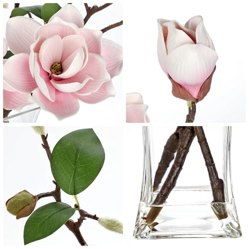 Briful Artificial Magnolia Flower Arrangement with Glass Vase, 18.5in Pink Faux Magnolia Flowers Fake Floral Centerpiece for Eleglant Home Office Room Table Shelf Décor - color: Pale Pink