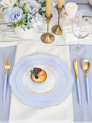 WDF 60pcs Blue Plates Disposable With Gold Rim - Baroque Baby Blue Plastic Party Plates for Wedding/Party/Baby Shower/Spring - color: Blue and Gold, size: 60PCS