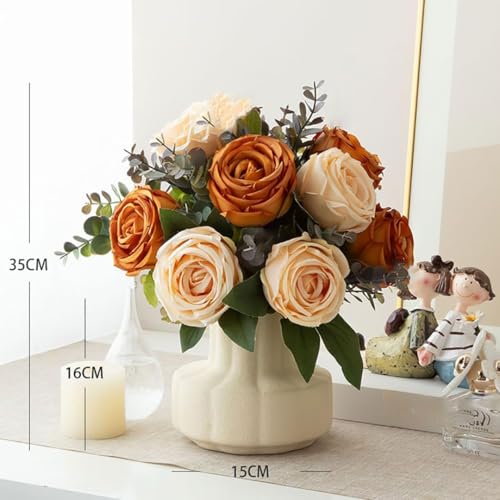 Silk Roses Artificial Flowers in Vase,Fake Flowers with Vase,Faux Flower Arrangement with Vase for Home Office Decoration, Dining Table Centerpiece - color: Orange