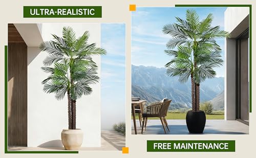 Artificial Triple Phoenix Palm Tree 9ft with 31 Leaves Realistic Tropical Coconut Areca Sago Palm Tall Large Faux Plant 106 Inch Black Pot for Indoor Home Office Porch Mall School Decor - size: 9ft