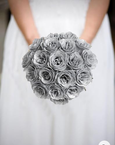 Glitter Roses Bouquet,30PCS Silver Roses Fake Roses Artificial Flowers for Wedding Bouquet Party Christmas Home Decor(Silver) - color: Silver