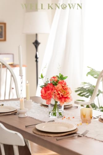 WELL KNOWN Artificial Flowers in Glass Vase with Fake Water, Silk Peony Flower Bouquet for Home Dinning Tea Table, Office Desktop, Hotel, Wedding, Party, Lavatory Decor & Gift (Coral and Orange) - color: Coral and Orange