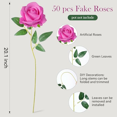 50 PCS Hot Pink Roses Artificial Flowers, Real Looking Fake Roses with Long Stems Silk Flowers for DIY Wedding Bouquet Party Celebration Home Bridal Baby Shower Decoration Birthday Gift for Her Wife - color: Hot-pink