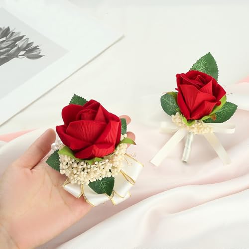 2pcs Red Corsage Wristlet Boutonniere for Men Silk Christmas Corsgea and Boutonniere Set Double Pearl Wrist Corsage Bracelets Rose Boutonniere for Wedding Party Prom Decor - color: Red Corsage - Double-cain