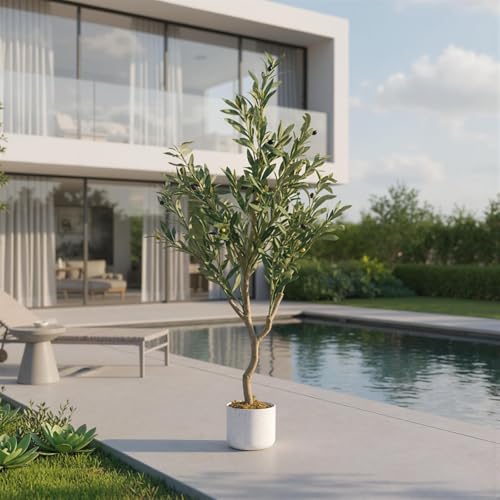 Faux Olive Tree 4FT, Olive Plant Trees Artificial Indoor with Wood Trunk and Realistic Leaves and Fruits, 48in Fake Floor Plants Olive Tree for Home House Office Décor