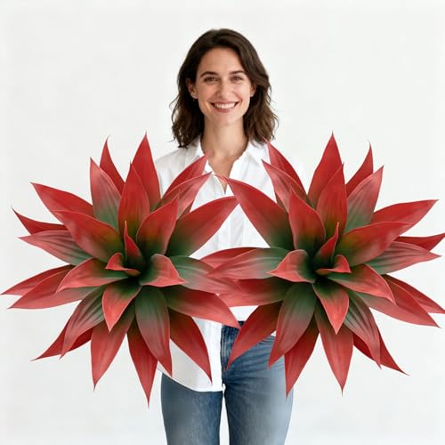 Artificial Agave Faux Agave Fake Greenery Outdoor Artificial Plants Fake Plants 28" for Indoor Home Decor Plastic Plants Outdoor Decor Front Porch Decor Simulation Plants(Red) 2pcs No Vase - color: 28''red