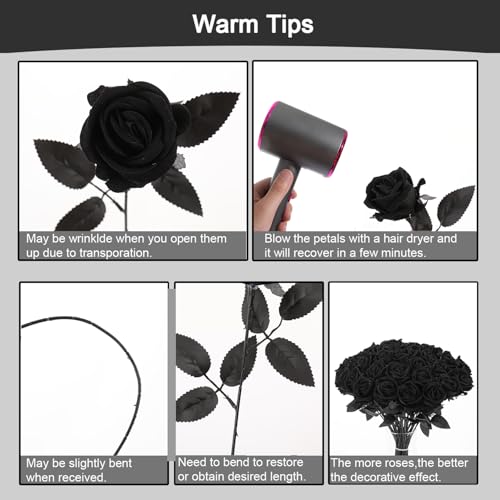 50Pcs Black Roses Artificial Flowers Fake Rose Faux Velvet Silk Flowers for Home Wedding Decoration (Pearl Roses - Pure Black) - color: Pearl Roses - Black Pure 50p