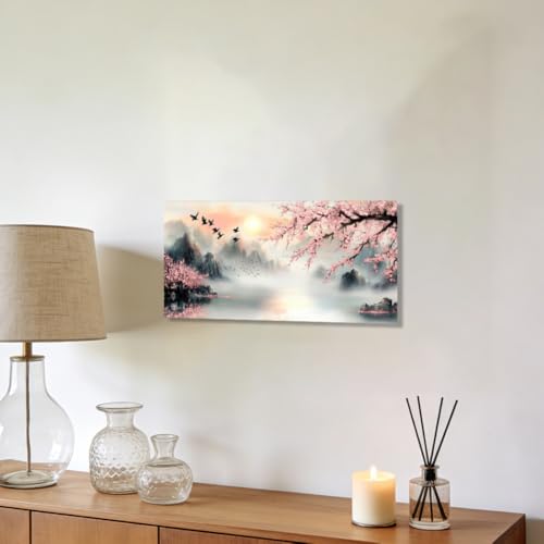 QIXIANG Cherry Blossom Mountain Canvas Wall Art Pink Floral Trees Pictures Large Landscape Painting Japanese Decor for Living Room Bedroom Framed (gold,10" W x 20" L) - color: gold, size: 10"W x 20"L
