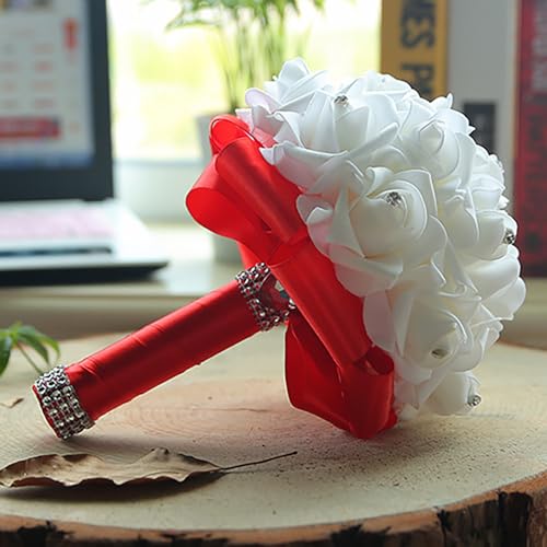 Wedding Bouquets for Bride, Bridal Flowers for Wedding, Bride Bridesmaid Hand Flowers Bridal Bouquet Crystal Diamond Silk Roses, Artificial Flowers Bouquet for Church Wedding Party (Red) - color: Red