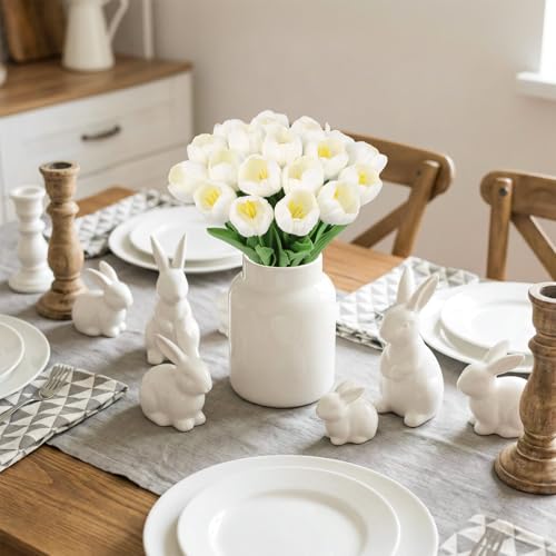 Tulips Artificial Flowers 20pcs Real Touch Fake Tulips Arrangement White Faux Flowers Tulip Stems for Wedding Spring Easter Valentine's Gift Home Table Decor (White) - color: White
