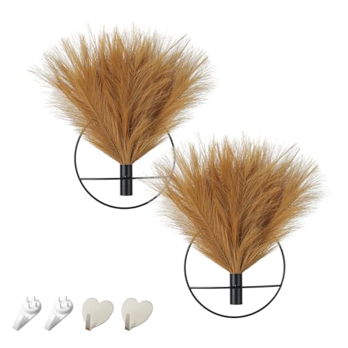 Pretty Jolly Wall Decor, Wall Metal vase Decoration Holder, Wall-Mounted Artificial Flowers Wall Decor Fake Wheat 2 Pack,Wall Art Artificial Greenery, Farmhouse, Boho - color: 14-pampas-turmeric - Black Ring, size: S 7.8inch (Black Ring)