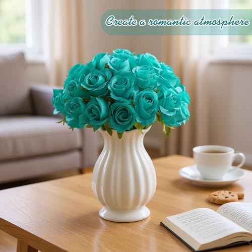 Hoteam 72 Heads Teal Artificial Flowers Turquoise Rose 6 Bouquet Wedding Decoration Faux Flower Arrangement Bouquet with Stem Bridal Shower Gift Floral Centerpiece for Tables - color: Lake Blue