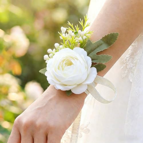 Wedding Corsage Wristlet Red Rose Wrist Corsage for Women (White) - color: White