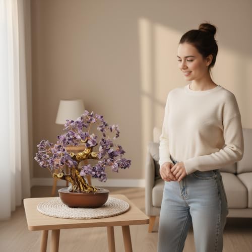 Feng Shui Crystal Money Tree of Life, Artificial Plants Made in uv Resin,Bonsai Tree.Diamond Art Tree of Life,Home Decor,Art Supplies. Gfit for Women,man.(Purple Treasure Tree) - color: Purple Treasure Tree 