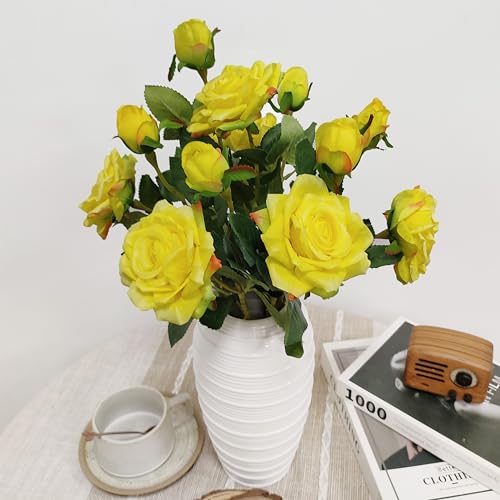ATFL Fake Flowers, Yellow Rose,6 Pcs Faux Silk Real Touch Moisturizing Artificial Rose Flowers for Decoration,Flores Irosas Artificiales para Decoracion (6, Yellow) - color: Yellow