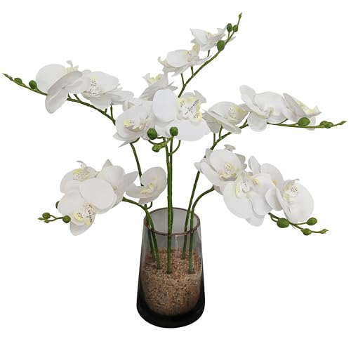 ATFL 6 Pack White Orchid Artificial Flowers Real Touch, 23'' Artificial Fake Faux Silk Orchid Stem Bouquets for Wedding Party Home Garden Decor,Orquideas Artificiales para Decora (6, White) - color: White