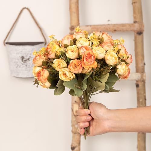 5 Pcs Fake Flowers in Vase Artificial Flower Arrangement Faux Peony Flowers for Home Decor Wall Decoration (Orange Yellow) - color: Orange Yellow