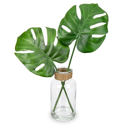 GnFlus Artificial Plant in Glass Vase with Faux Water, Fake Monstera Plant Real Touch Faux Plants Tropical Leaves Fake Greenery Stems for Home Office Farmhouse Wedding Centerpiece Décor - color: Monstera #1