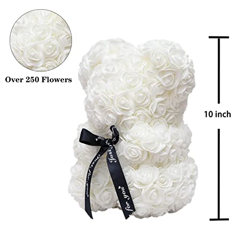 DuHouse Rose Bear Rose Teddy Bear Flower Gift Black Box for Valentines Gifts Anniversary Christmas,Birthdays Bridal Showers -Fully Handmade 10 inch Flower Bear Clear Gift Box(White) - color: White