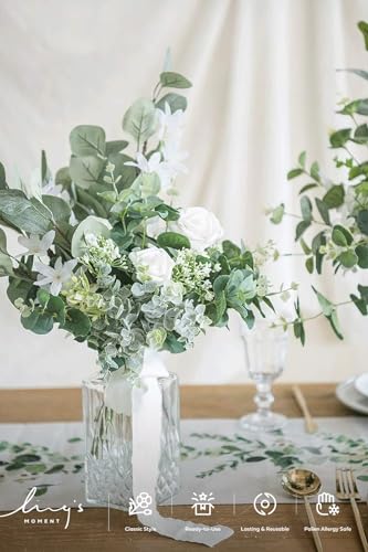 Ling's moment Artificial Plants Eucalyptus Leaves Branches Bouquets,19Pcs 17.5" Tall Hanging Fake Greenery Filler w/Stems, Realistic Texture Decor for Wedding Table Centerpieces, Outdoor/Room/Office - color: Grn- Viridity