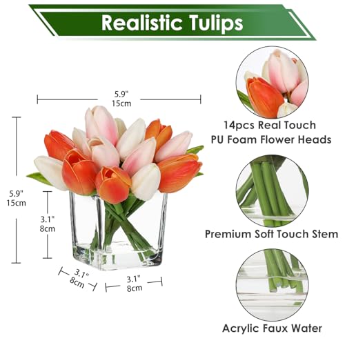 DILATATA Artificial Tulips in Vase with Faux Water 5.5" Real Touch Mixcolor Flowers Fake Tulips Small Flowers Arrangement in Cube Glass Vase for Mother's Day Table Centerpiece Wedding Home Decor - color: Square Vase/Mixcolor/1 Set